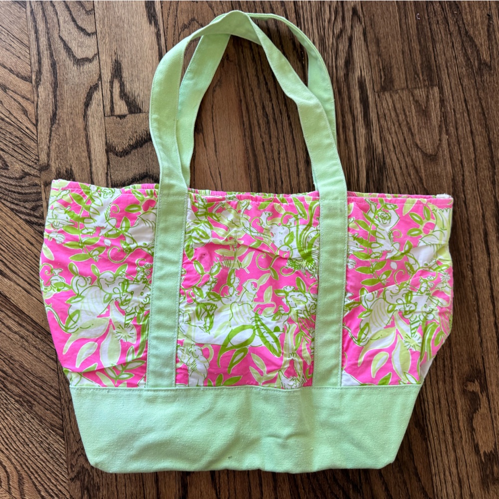 Lilly Pulitzer Canvas Tote Bag Monkeys Pink Green Animal Tropical Print Medium - Picture 3 of 8